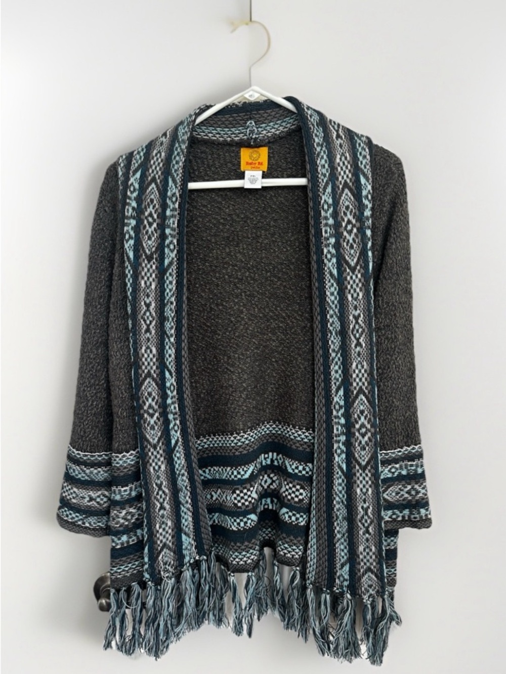 Ruby Rd. Open-Front Fringe Cardigan in Gray with Blue Accents